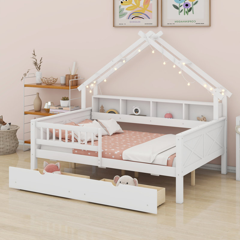 Lits plateforme Woodhouse avec DEL, tablettes de rangement, tiroirs et garde-corps, Blanc