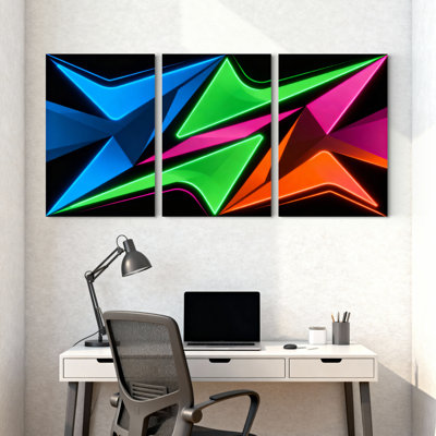 Neon Geometric Abstract Canvas Wrapped Wall Art Oil Painting Print Set of 3