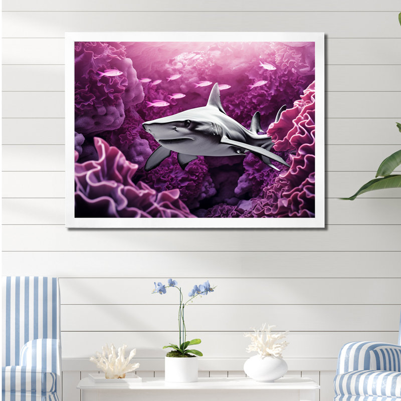 " Hammerhead Purple Sharks I ", 16" H x 32" W x 1" D, White Single Picture Framed