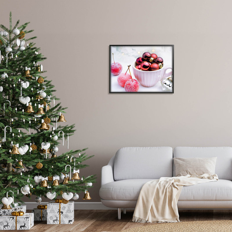 Ornements de Noël rouges scintillants at-258, H 24 po x l 30 po x P 1,5 po, Giclée encadrée noir minuit