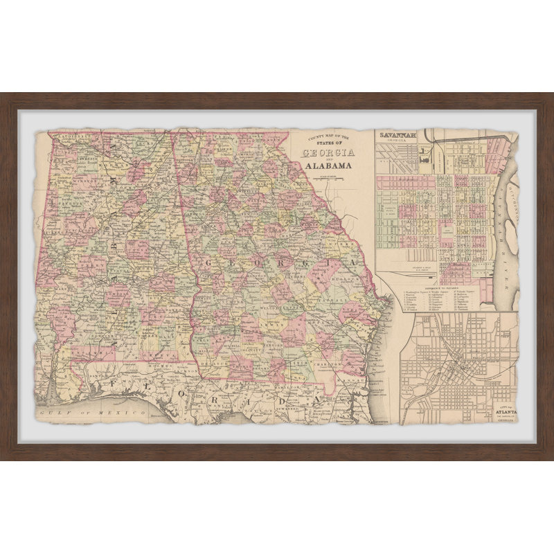 Carte du comté des États de la Géorgie et de l'Alabama - reproduction encadrée sur papier, H 16 po x l 24 po x P 1,5 po