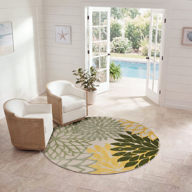 Tapis intérieur / extérieur floral Amellia, Rond 5 pi 3 po