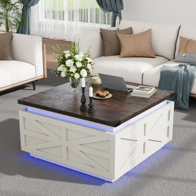 Table basse à plateau relevable Farmhouse, grande table basse carrée de 35,8 po avec compartiment de rangement escamotable, table centrale blanche avec éclairage DEL pour le salon, la chambre à coucher et le bureau à domicile