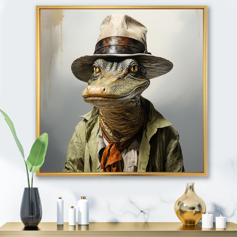 «Alligatorin suit I» - Grand art mural en alligator, Cadre flottant doré, H 30 po x l 30 po x P 1,5 po