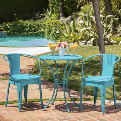 Ensemble de jardin 3 pièces en métal bleu sarcelle - Chaises, table et support de parasol en fer thermolaqué