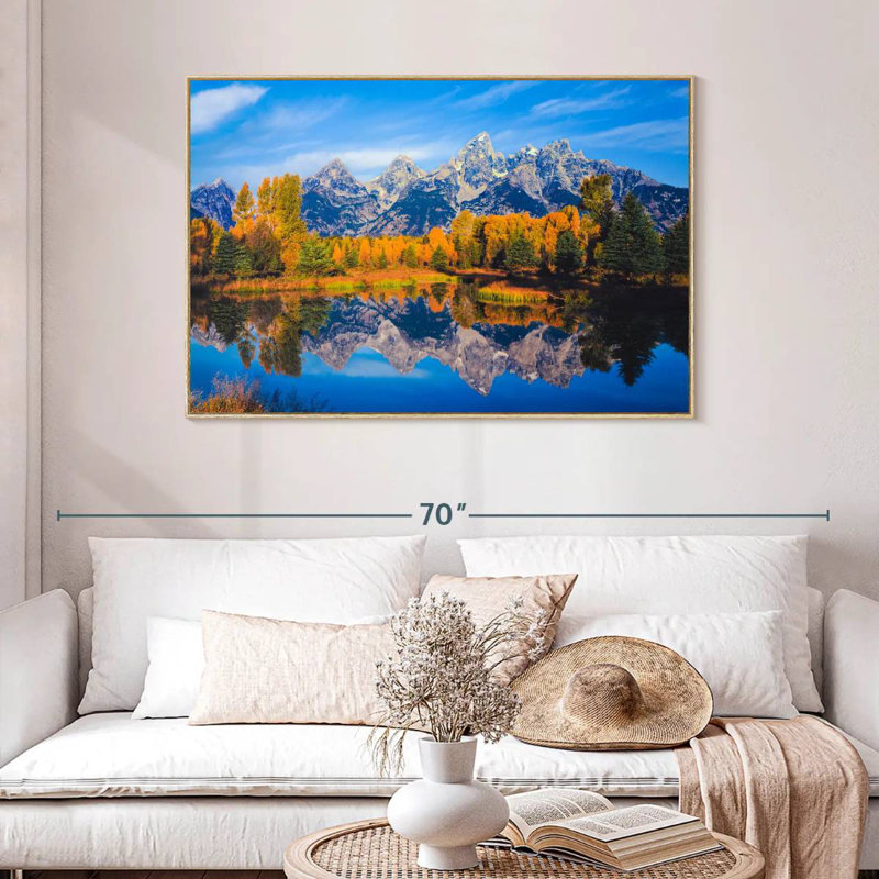 Feuillage doré Grand Teton, Cadre flottant en bois naturel, 46 po x 31 po