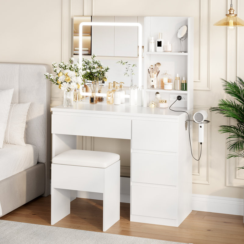 Makeup Vanity Desk, Lighted Mirror, 4 Drawers, Power Outlet, Stool, Shelves, Bedroom, White, White
