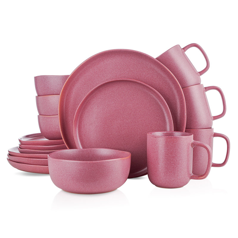 Stone Lain Tom Rustic Stoneware Dinnerware Set For 4, Olive Green, Pink
