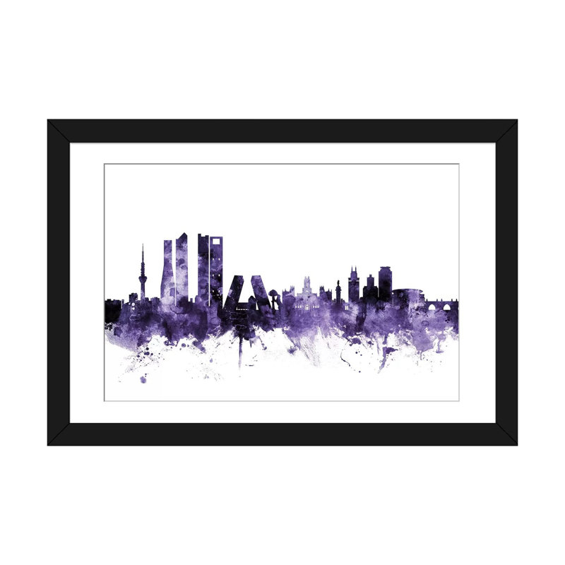 Madrid Madrid Skyline par Michael Tompsett, impression sur toile, H 16 po x l 24 po x P 1 po, Papier avec cadre noir, Blanc