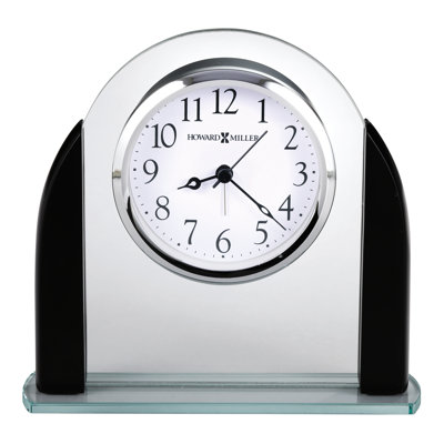 Aden Modern & Contemporary Tabletop Clock, Arched Glass Frame with Black Satin Wood Accents, Arabic Numeral Dial, Quartz Alarm Movement