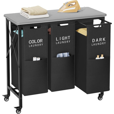 3 Section Laundry Hamper with Ironing Board,Laundry Sorter with Removable Bags, Heavy,Duty Rolling Laundry Cart, Lockable Wheels, For Bathroom, Bedroom