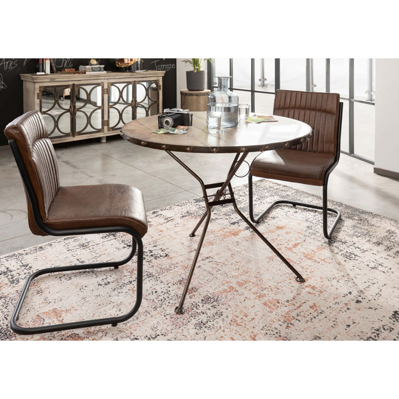 Heavy Industry Round Solid Wood Top Metal Base Dining Table, Brown