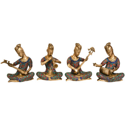 Handmade 9-Inch Brass Musician Ladies Figurines (Set of 4) | Indian Artisan Sculptures for Home Decor