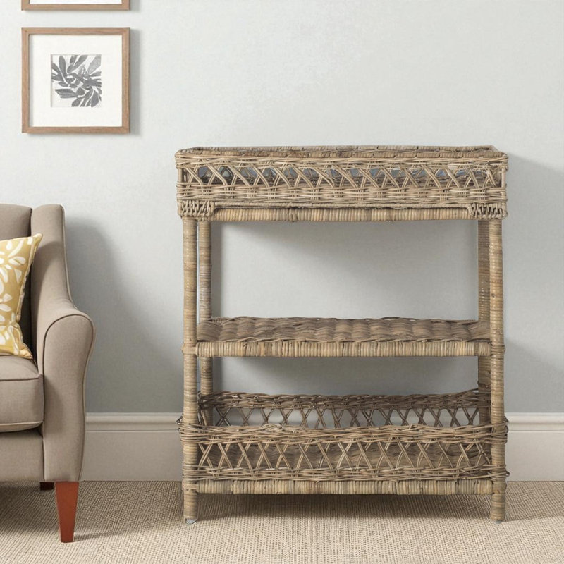 Table d'appoint de rangement en rotin naturel gris à 3 niveaux Mosser - Table de chevet idéale en osier de 28 po de hauteur