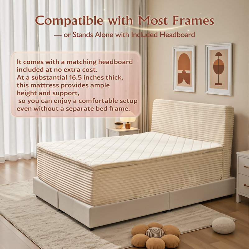 Full 16" Extra-Thick Memory Foam Mattress with Headboard, All-in-One Bed, No Assembly Platform Bed, Medium Firm, No Box Spring Needed