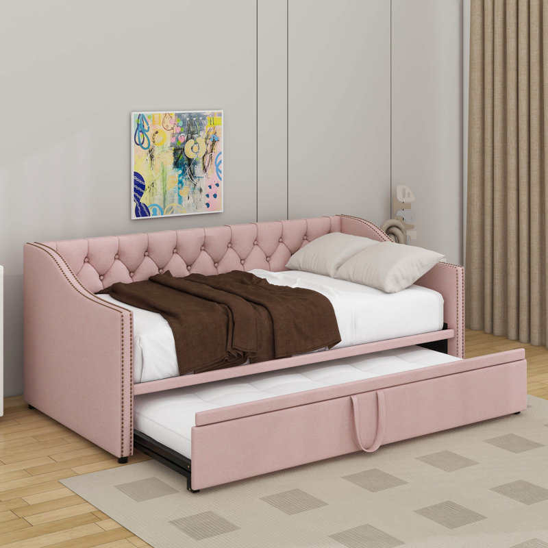 Lit de jour simple tapissier avec couchette escamotable, Rose