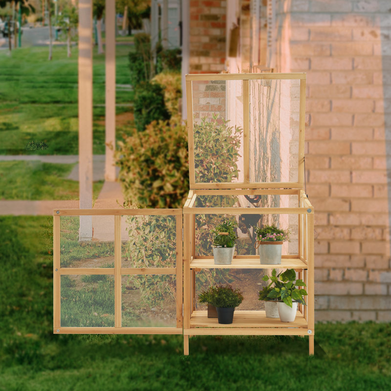 Natural Fir Wood 2-Tier Foldable Greenhouse with Polycarbonate Panels