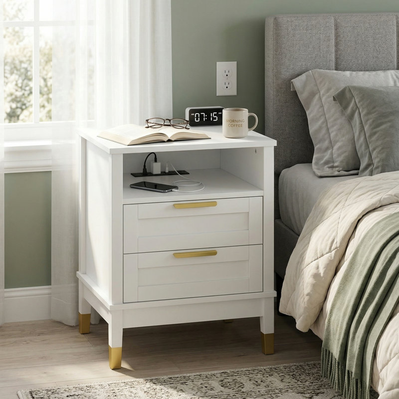 Vista 2 Drawer Nightstand with Charging Station, Bedside Table with Storage Drawers, Night Stand for Bedroom, End Table or Side Table for Living Room, 15.5" D x 18.9" W x 24" H