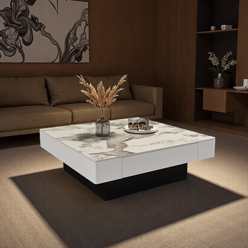 Modern square granite slab coffee table, 13.8" H x 27.6" L x 27.6" W, White