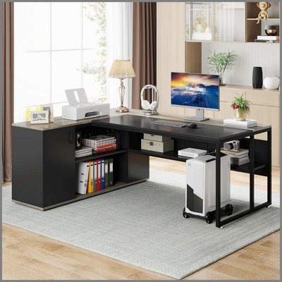 Bureau de direction en L 71 pouces avec rangement, tablettes et support pour unité centrale, idéal pour le bureau à domicile et le poste de travail, noir