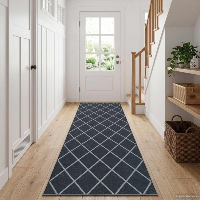 Geometric Area Rug, Black Diamond Pattern, Runner 50 x 150 cm