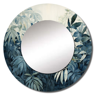 Shalima White And Blue Jungle Expression II - Jungle Mirror, Tropical Round Decorative Wall Mirror, Printed Metal Art