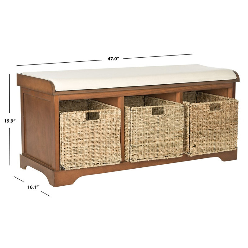 Aniella Faux Leather Upholstered Modern Storage Bench, Pine Wood Woven 3 Baskets for Mudroom and Entryway, Walnut
