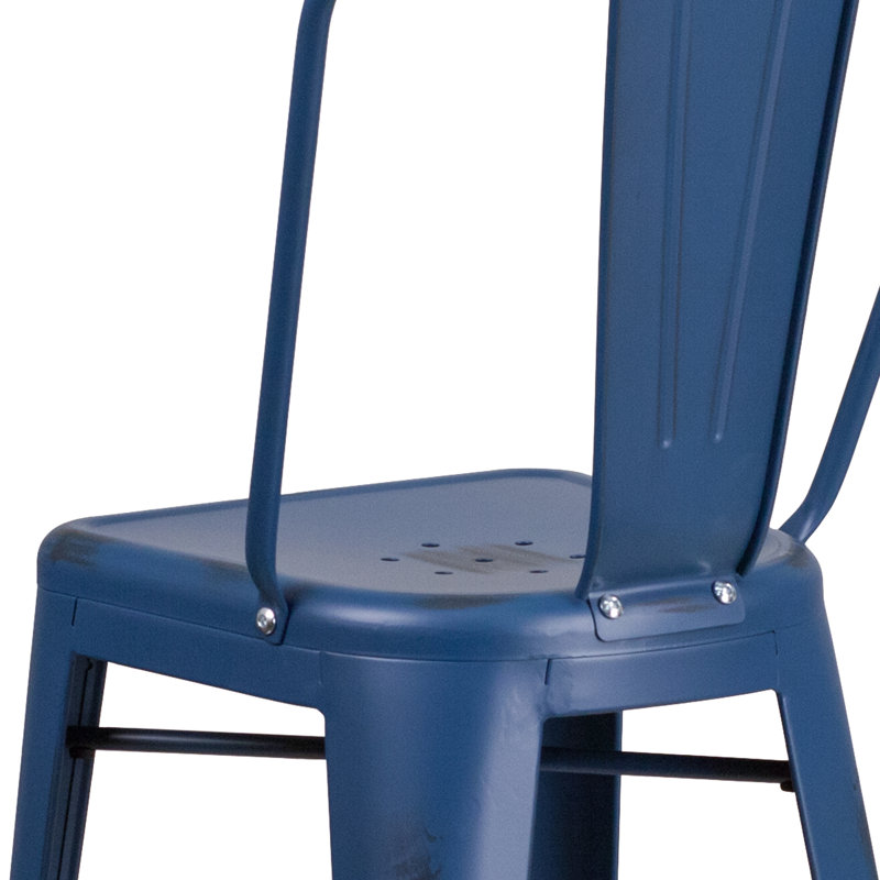 Commercial Grade Distressed Metal Indoor-Outdoor Counter Height Stool with Back, Antique Blue, Bar Stool (30" Seat Height)