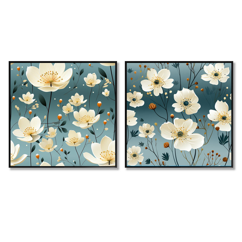 Artèmesia - Ensemble de 2 collages floraux carrés, Cadre flottant noir, H 36 po x l 73 po