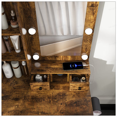 Table de coiffeuse compacte avec miroir, lumières DEL réglables, prise de courant, support pour sèche-cheveux et tabouret pour les petites chambres
