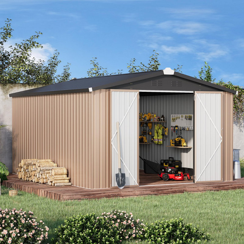10' X 14' Large Metal Outside Storage Garden Sheds, Brown