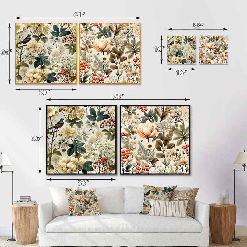 Tressie - Ensemble de 2 collages carrés floraux, H 30 po x l 61 po, Cadre flottant brun