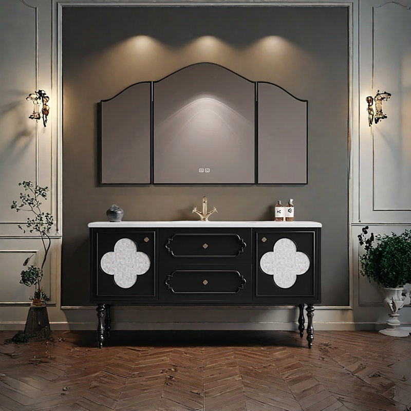 Meuble-lavabo sur pied 43,31 po en chêne massif noir et blanc avec miroir, 43"