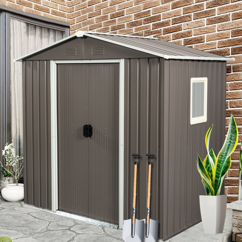 Remise d'extérieur en métal de 6 pi x 5 pi en gris - construction en fer galvanisé, robuste et stable, évents perforés, porte coulissante avec cadenas, facile à construire, panneaux, assemblage simple,
