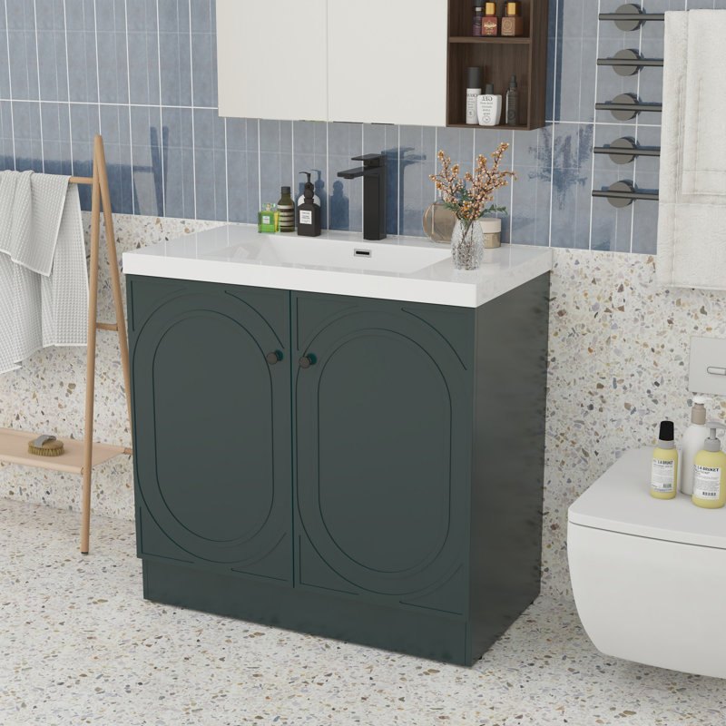 Meuble-lavabo 36 po avec lavabo en résine, Vert foncé, Doré
