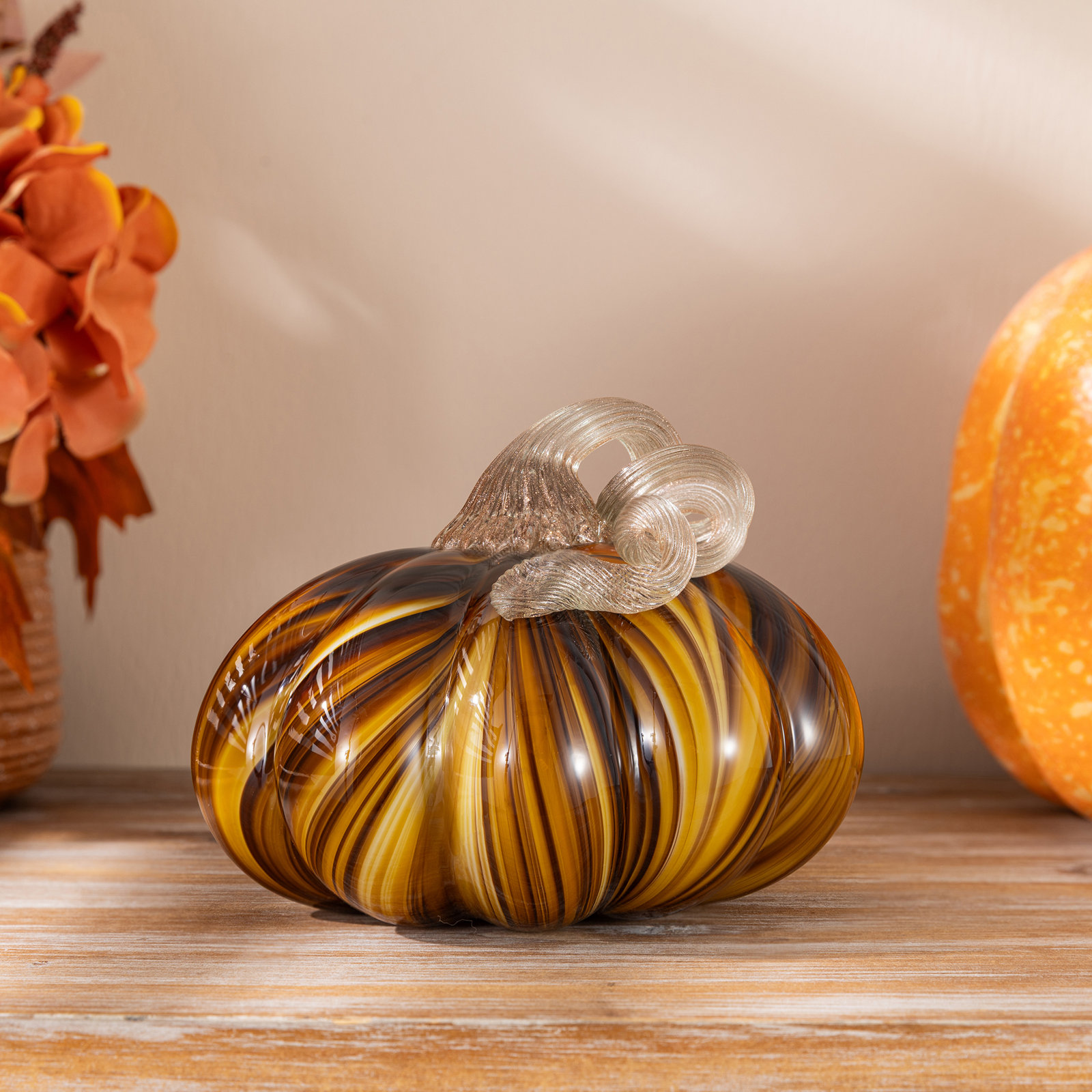 5.75"D X 4.75"H Multi Brown Striped Glass Pumpkin, Brown