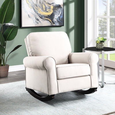 Chaise berçante en tissu beige, siège à ressorts ensachés, structure intérieure en bois, hauteur de 23 po, largeur de 20 po, profondeur de 21 po, plancher de 8 po avec accoudoirs de 28 po, capacité de poids de 220 lb, longueur de couloir de 33 po, bois