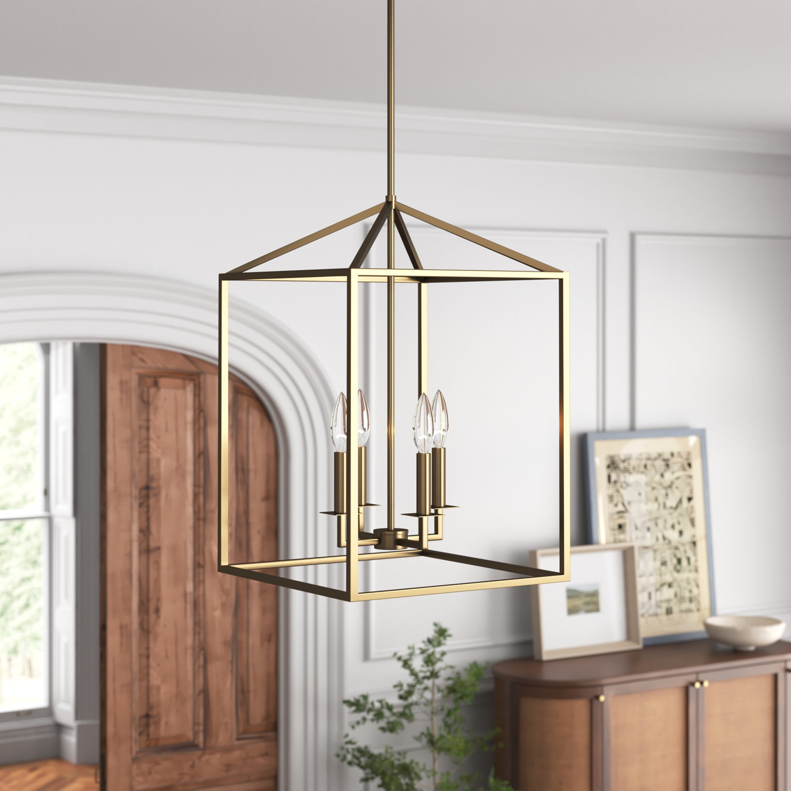 Ellis 4 - Light Dimmable Lantern Chandelier, 23.25" H x 15.5" W x 15.5" D, Satin Brass, No