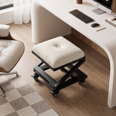 Foldable Foot Rest for Under Desk with Wheels, Adjustable Rolling Ottoman Stool with 2 Height Levels, Linen Upholstered Footrest Seat for Office, Bedroom, Living Room