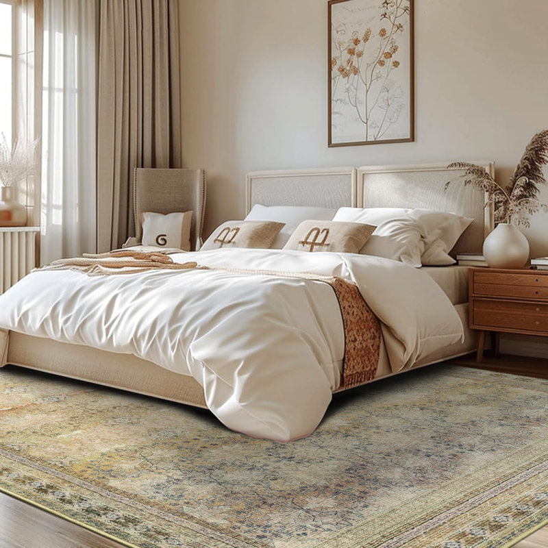 Large Oriental Floral Living Room Rug Washable Bedroom Rug Non-Slip Colourful Vintage Accent Floor Carpet For Home Decor