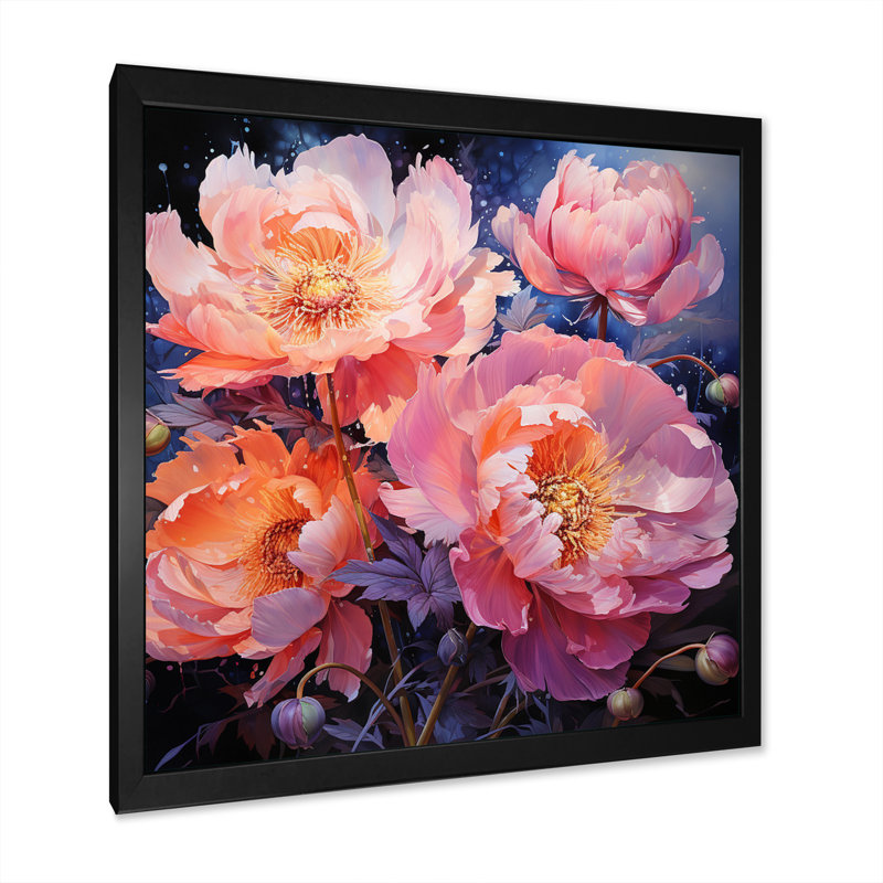 Rose pivoines sérénade III - impression, Cadre simple noir, H 16 po x l 16 po x P 1 po