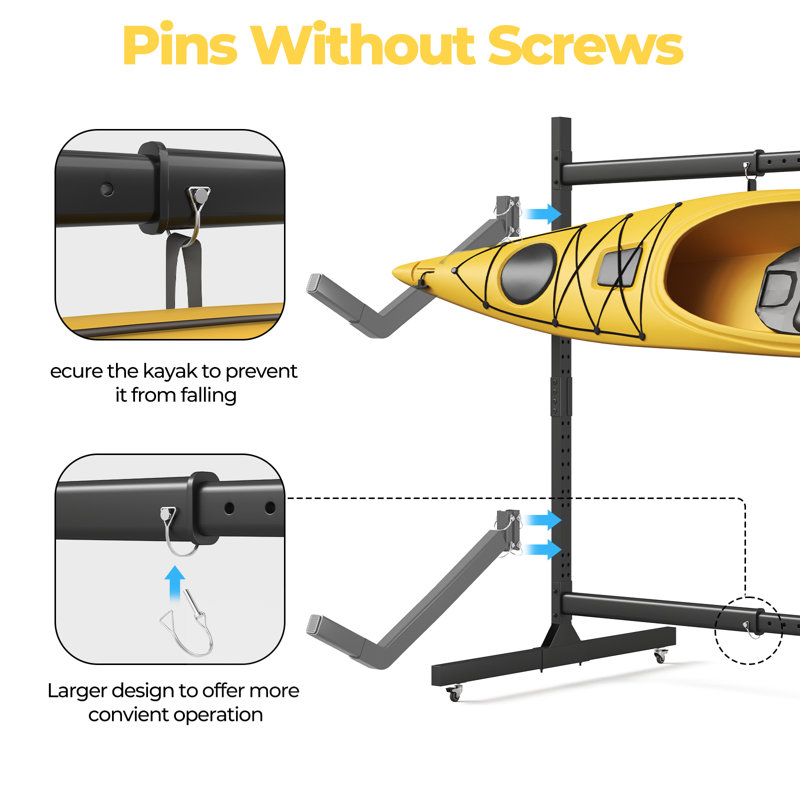 Launda 2-Level Freestanding Adjustable Kayak Rack with Padded Arms and Lockable Wheels