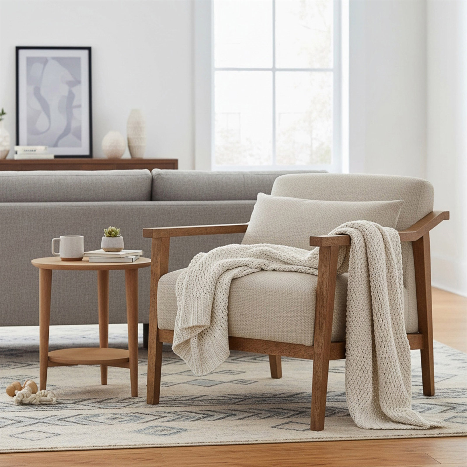 Solid Wood Accent Chair, Natural Oat Performance Weave