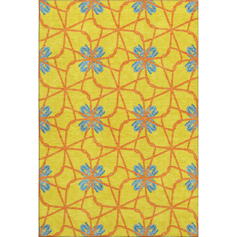 Premium Machine Washable Prisco Yellow Rug, Rectangle 5' x 7'6"