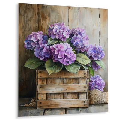 Bouquet d'hortensias dans une caisse en bois II - hydrangées, art en métal