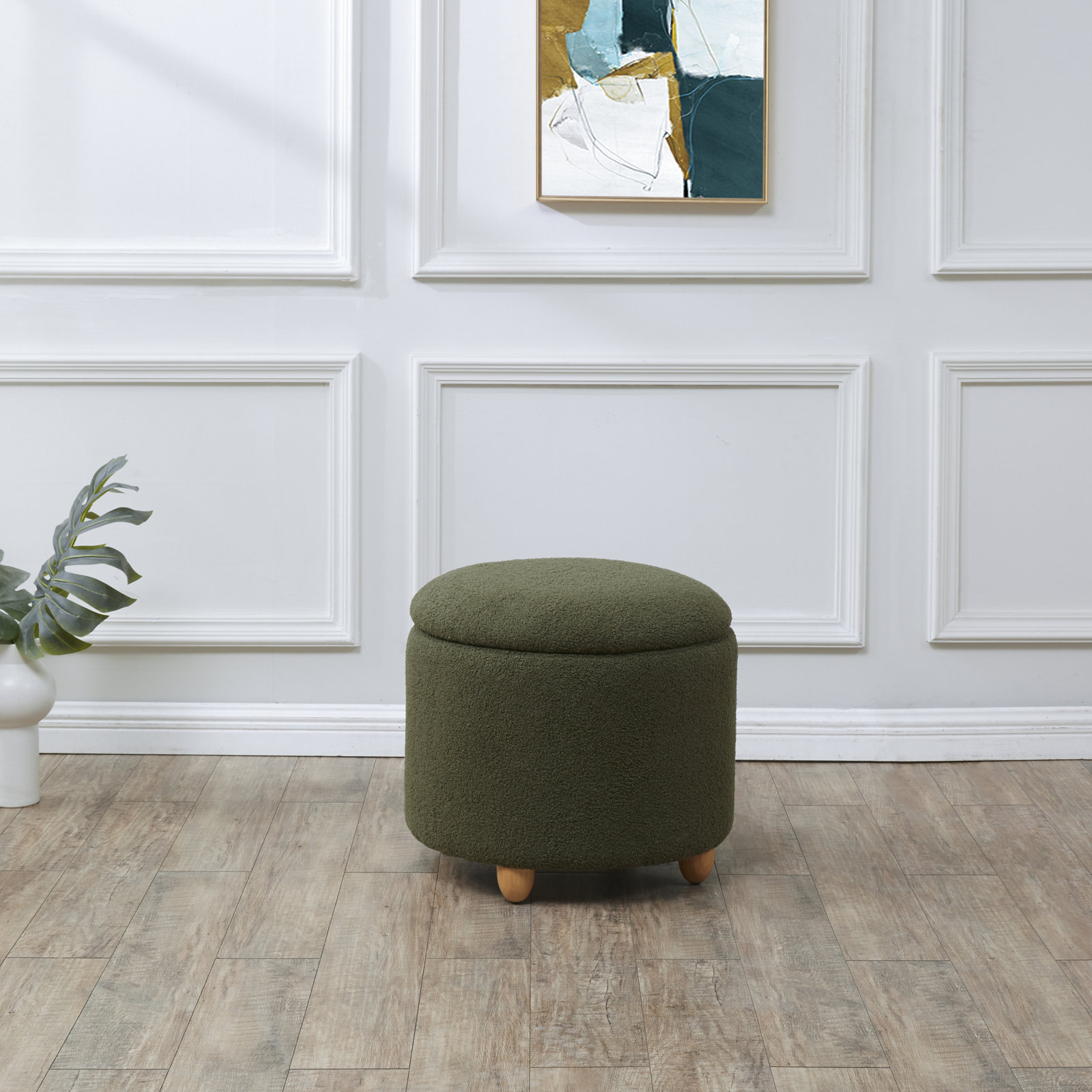Mancora 21" Ottoman, Olive Green Faux Shearling