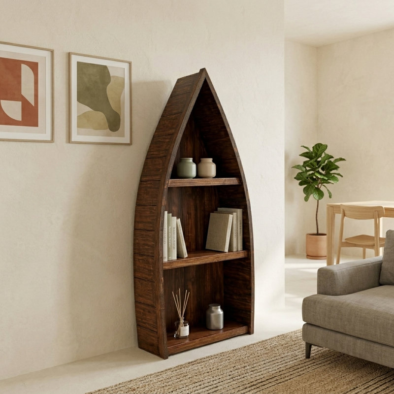 Bibliothèque en bois massif en forme de bateau - basse - café clair, 60 po x 26,4 po x 10 po, Café clair