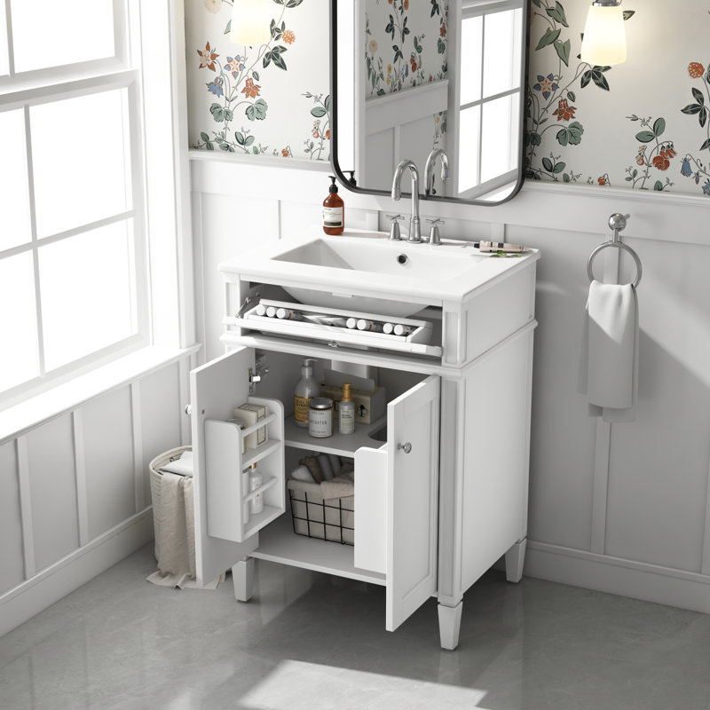 24" Bathroom Vanity with 2 Doors and Tip-Out Drawer with Soft-Closing Organizers, White