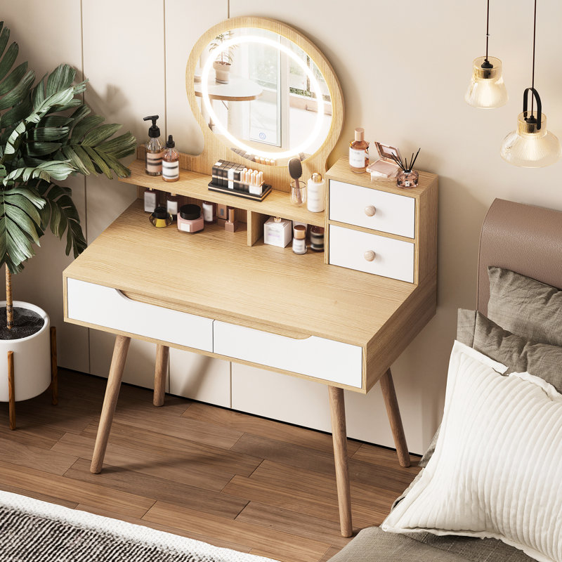 Cool Vanity Desk With 3 Open Shelves And 4 Drawer Storage For Bedroom Classy Dressing Table Drawers