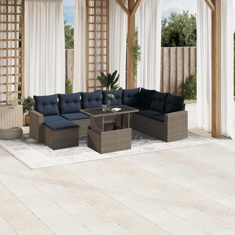 9 Piece Patio Sofa Set With Cushions Poly Rattan, Gray, Navy